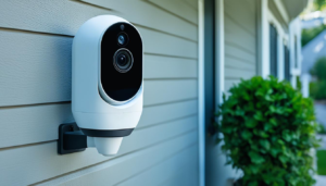 security camera mounted on a wooden wall