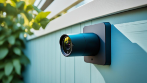 security camera mounted on a wooden wall