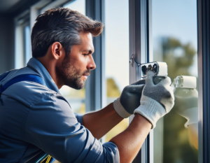 image for a technician installing a sensor on a window in day mode.